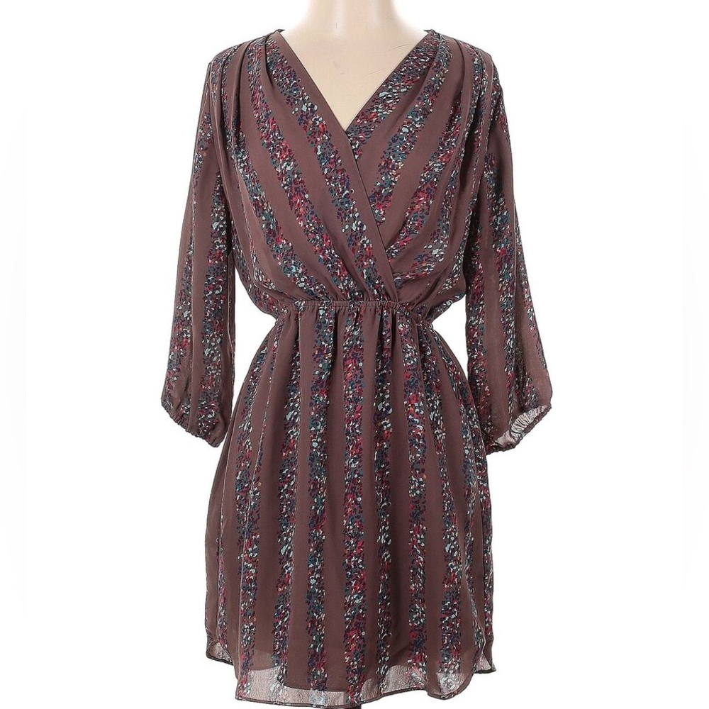 BCBGeneration Brown Multicolor Print Faux Wrap 3/4 Long Sleeve Dress